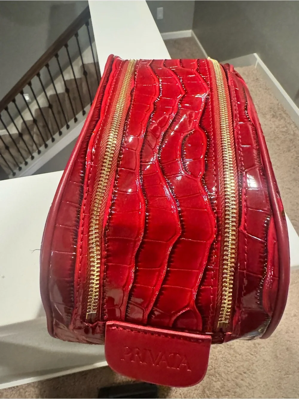 Red Privata  Patent Croc-Embossed Women’s Cosmetic Bag
